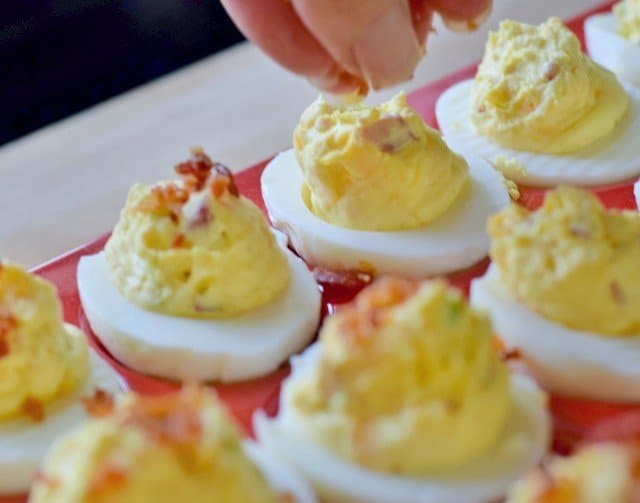 Add extra bacon to the top of bacon deviled eggs