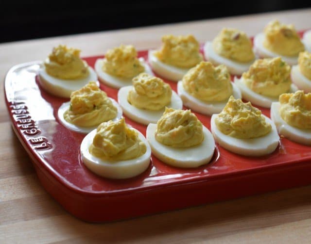 Bacon deviled eggs on a platter ready to eat