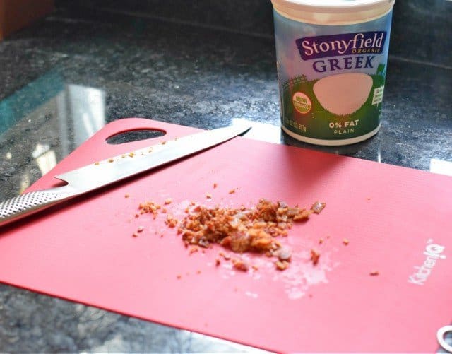 Chop bacon and leave some behind for garnish