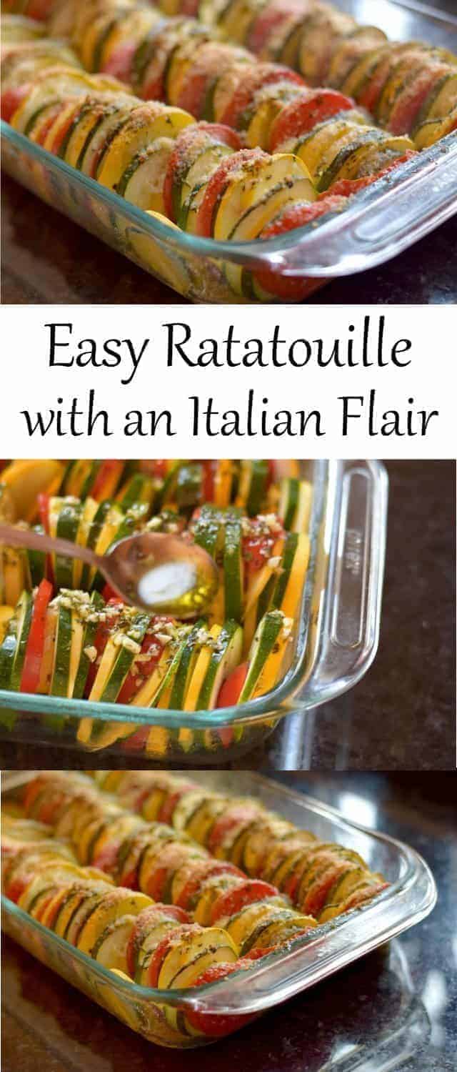 Easy Ratatouille Recipe with an Italian Flair. Roasted in the oven makes this a low maintenance side dish to use all your favorite summer vegetables. Delicious and pretty enough to serve at a party or whip up for a weeknight dinner.
