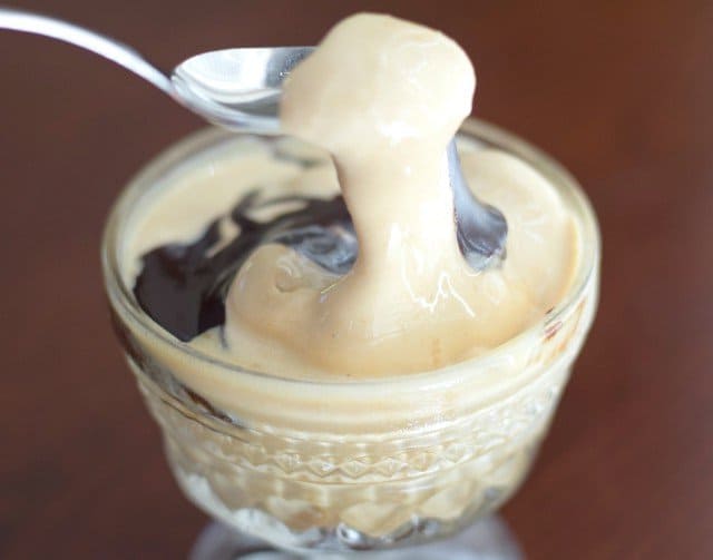 Enjoy an ice cream sundae with espresso hot fudge sauce
