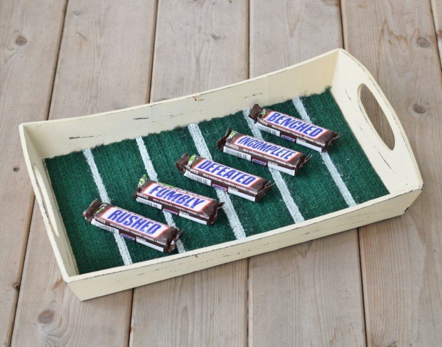 Snickers on a DIY football serving tray