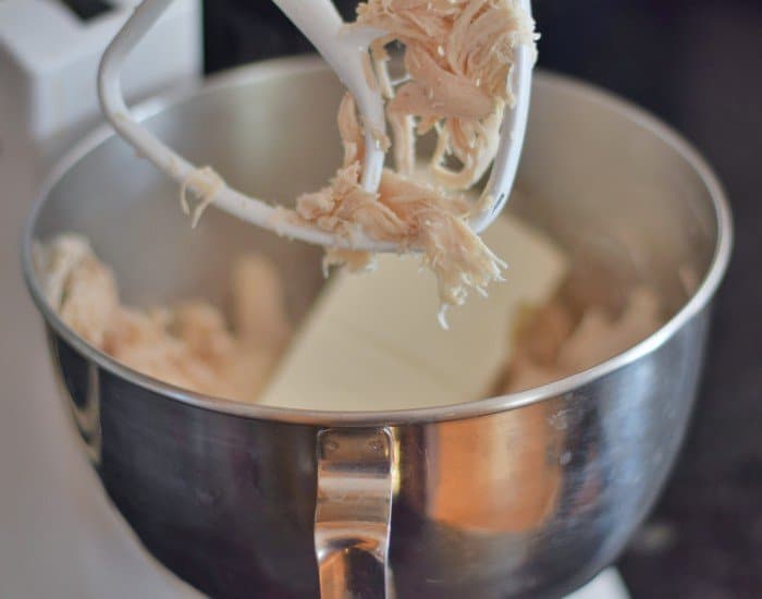 Add cream cheese to shredded chicken