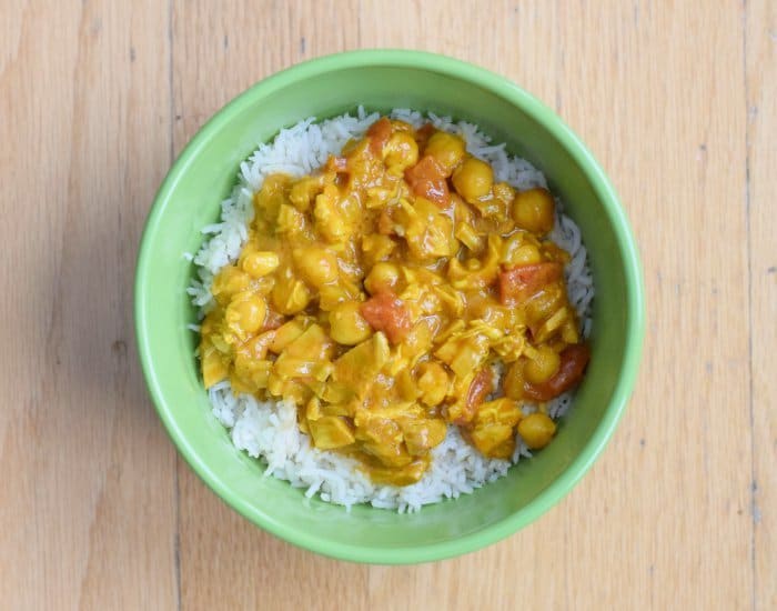 Bowl of homemade chickpea and chicken curry