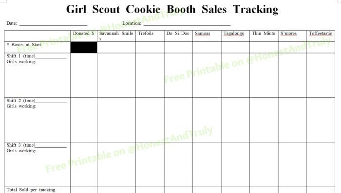 Girl Scout cookie booth sales tracking free printable