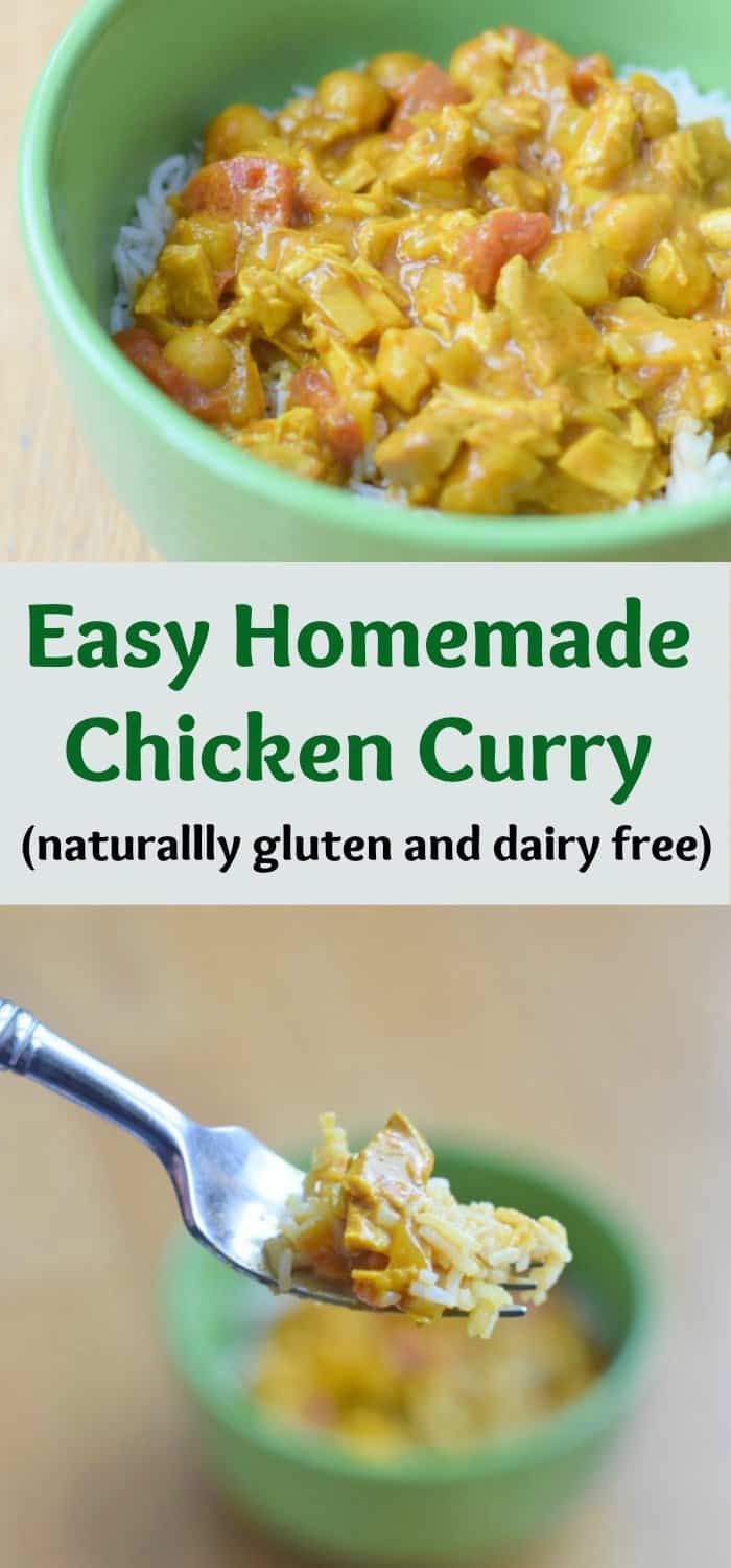 Kid-friendly homemade chickpea and chicken curry recipe perfect for a weeknight dinner. This recipe is naturally gluten free and dairy free, and skip the chicken to make this a delicious vegan option, too. Serve this as a filling for crepes or over rice for a perfect meal everyone will love.