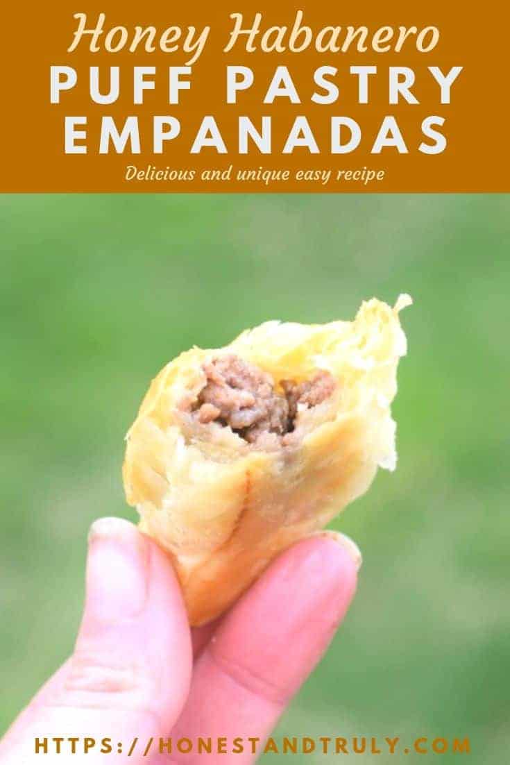 This recipe for easy puff pasty empanadas has a delicious honey habanero ground beef filling that is a perfect combination of sweet and spicy. Enjoy these appetizers at your next pot luck. They're the perfect party food - and they're great for dinner, too. It's a fun and unique twist on a Mexican classic.