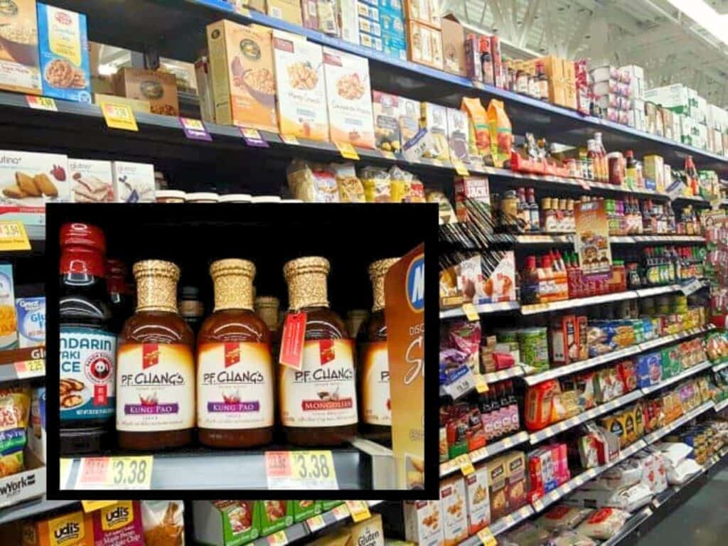 Grocery store aisle with shelves of boxed and packaged foods; inset shows close-up of PF Chang's sauces, a bottle of soy sauce with price tags, and ingredients perfect for making kung pao chicken salad.