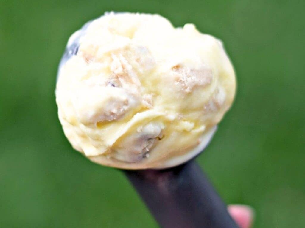 A scoop of homemade frozen custard cookie dough ice cream rests on a dark ice cream scooper, with a blurred green background.