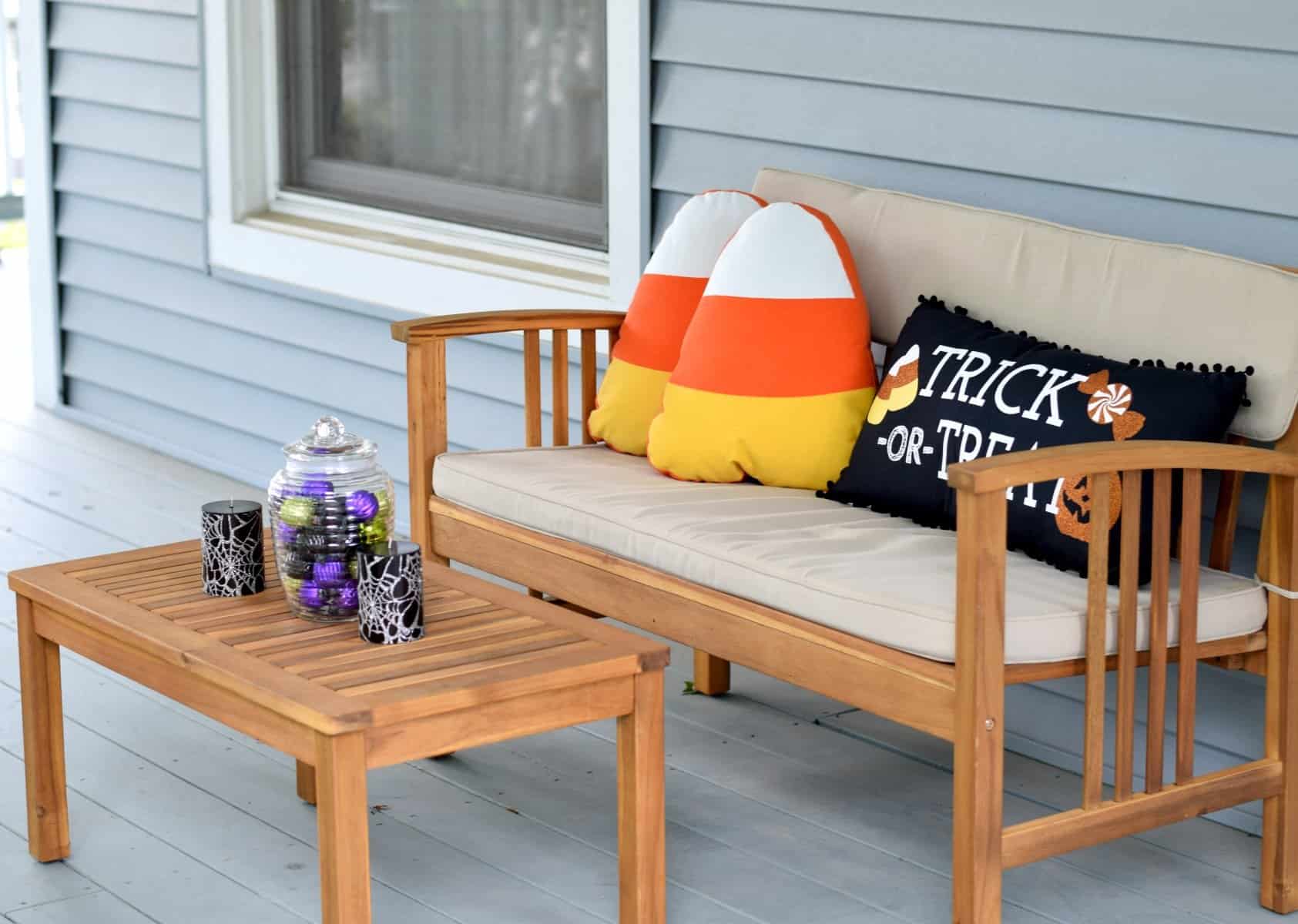 Cozy Halloween front porch seating decor