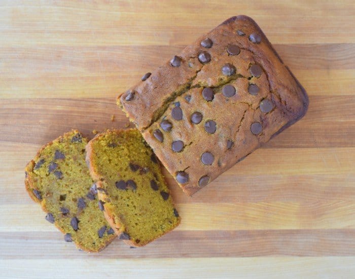 Slices of homemade chocolate chip pumpkin bread recipe