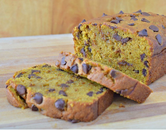 Slices of pumpkin chocolate chip bread
