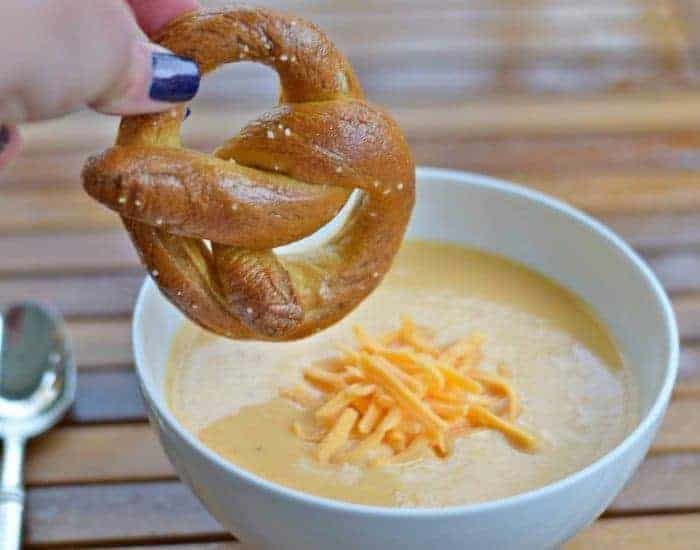 Perfect dinner of beer cheese soup and homemade pretzels