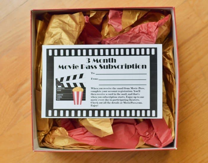 3 Month Movie Pass gift certificate in a box