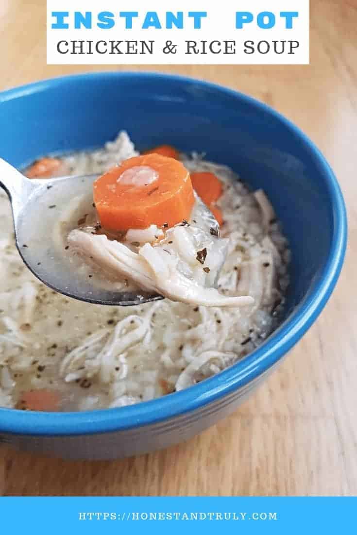 Instant Pot chicken and rice soup recipe. Easy Instant Pot recipe for a hearty soup. Make it with chicken or even leftover turkey. This is perfect for a rotisserie chicken and a kid friendly dinner. It's naturally gluten free and dairy free, too. #instantpot #soup #chickensoup #glutenfree
