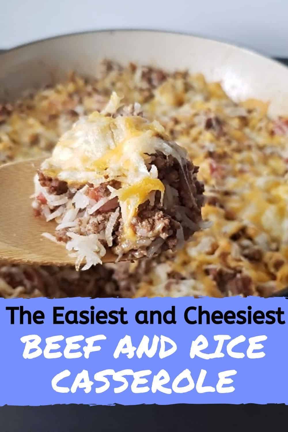 Spoon of easy cheesy beef and rice casserole