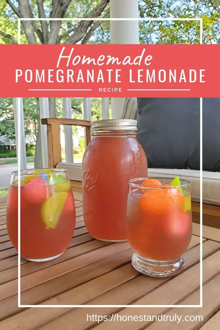 Who loves summer drinks? Enjoy a perfect summer mocktail with this homemade pomegranate lemonade. It's easy to make and tastes like you're drinking a summer day! Fresh lemon juice and pomegranate combine for a delicious unique lemonade recipe.