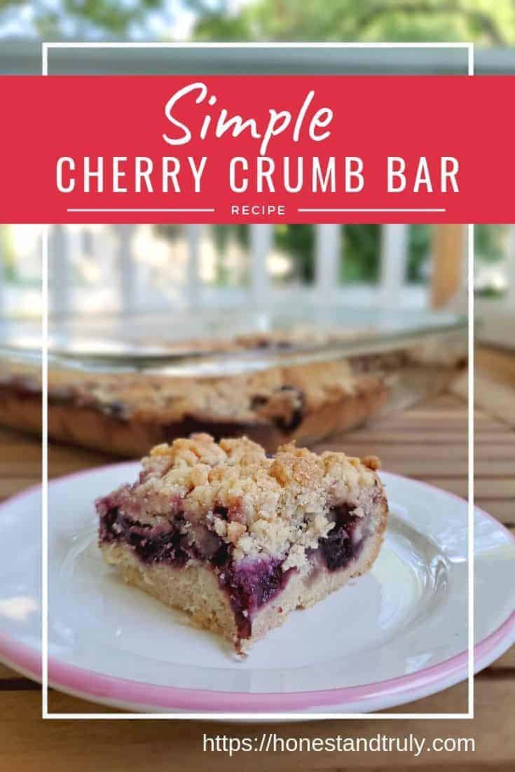 Make this simple cherry crumb bars recipe. This delicious fruit dessert is perfect for potlucks or BBQs or just a fun family dinner. This works with fresh or frozen cherries, and it's a simple make ahead dessert recipe. #cherries #crumbbar #cookies #easydesserts