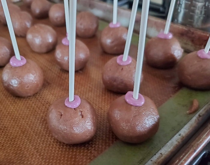 Dip sticks in chocolate then cake pops