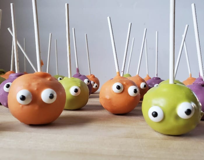 Monster cake pops on the counter