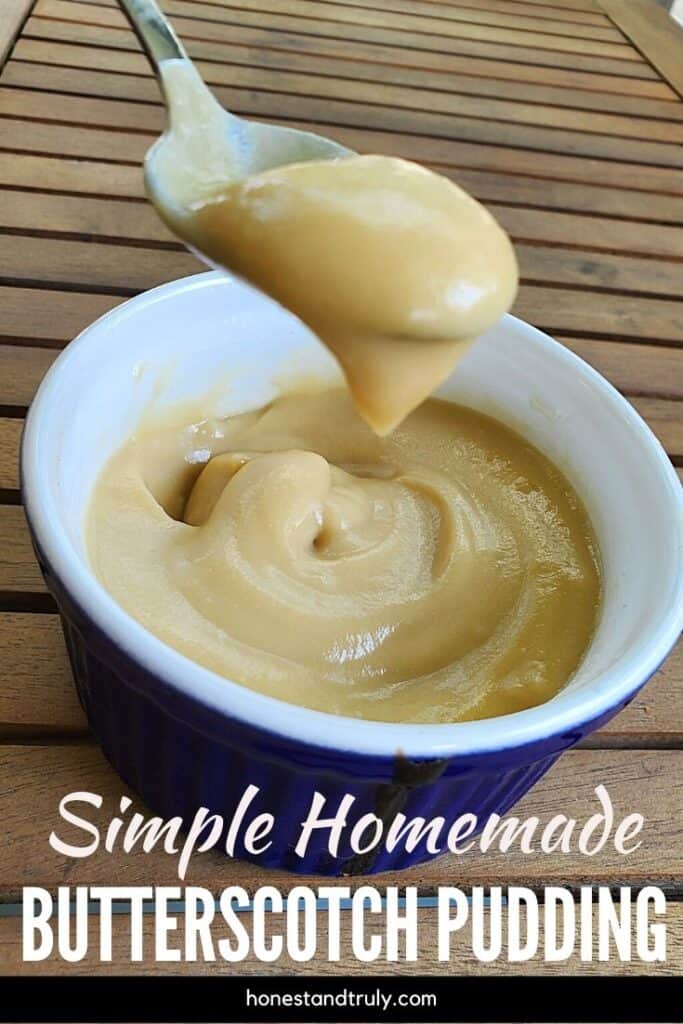 Angled spoon of butterscotch pudding on a table