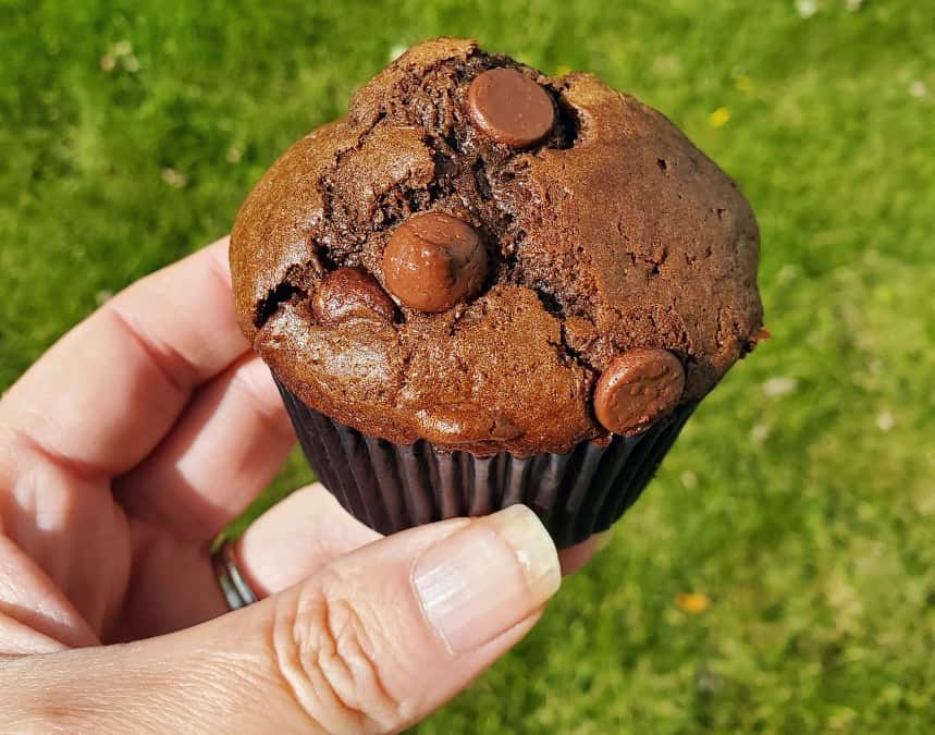 Holding a double chocolate muffin