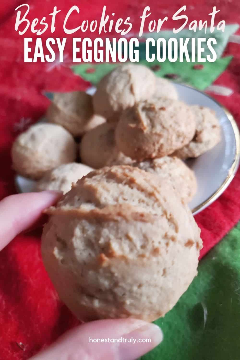 Closeup holding an eggnog cookie with a plate behind