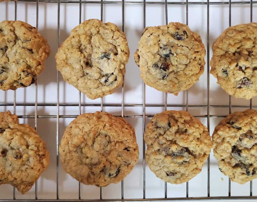 Oatmeal cranberry cookies cooling on a wire rack