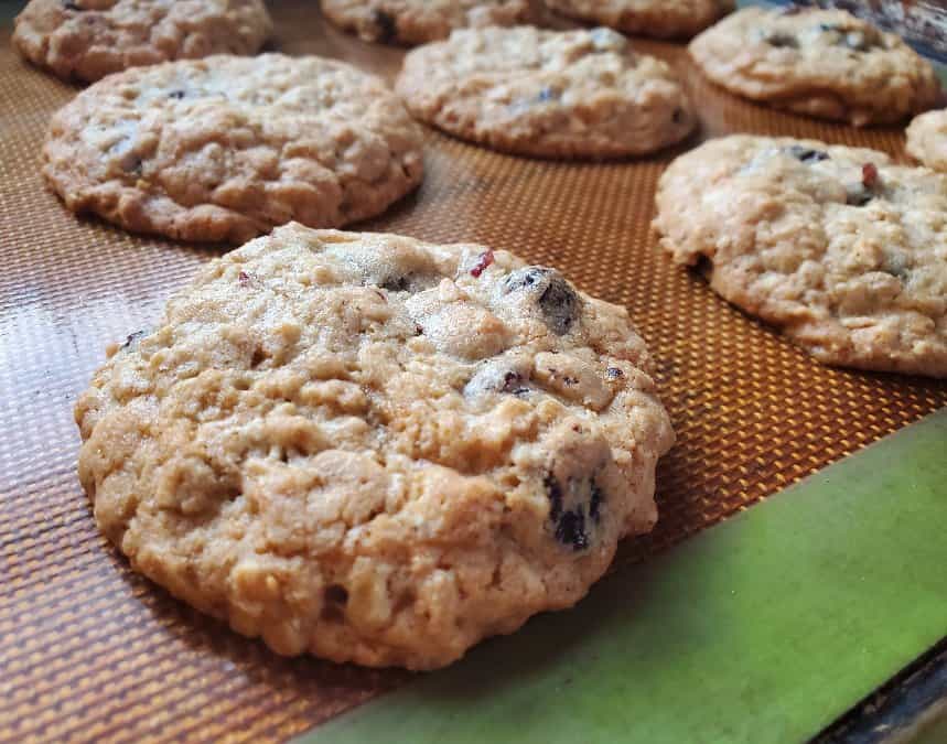 Tray of freshly baked cranberry oatmeal cookies