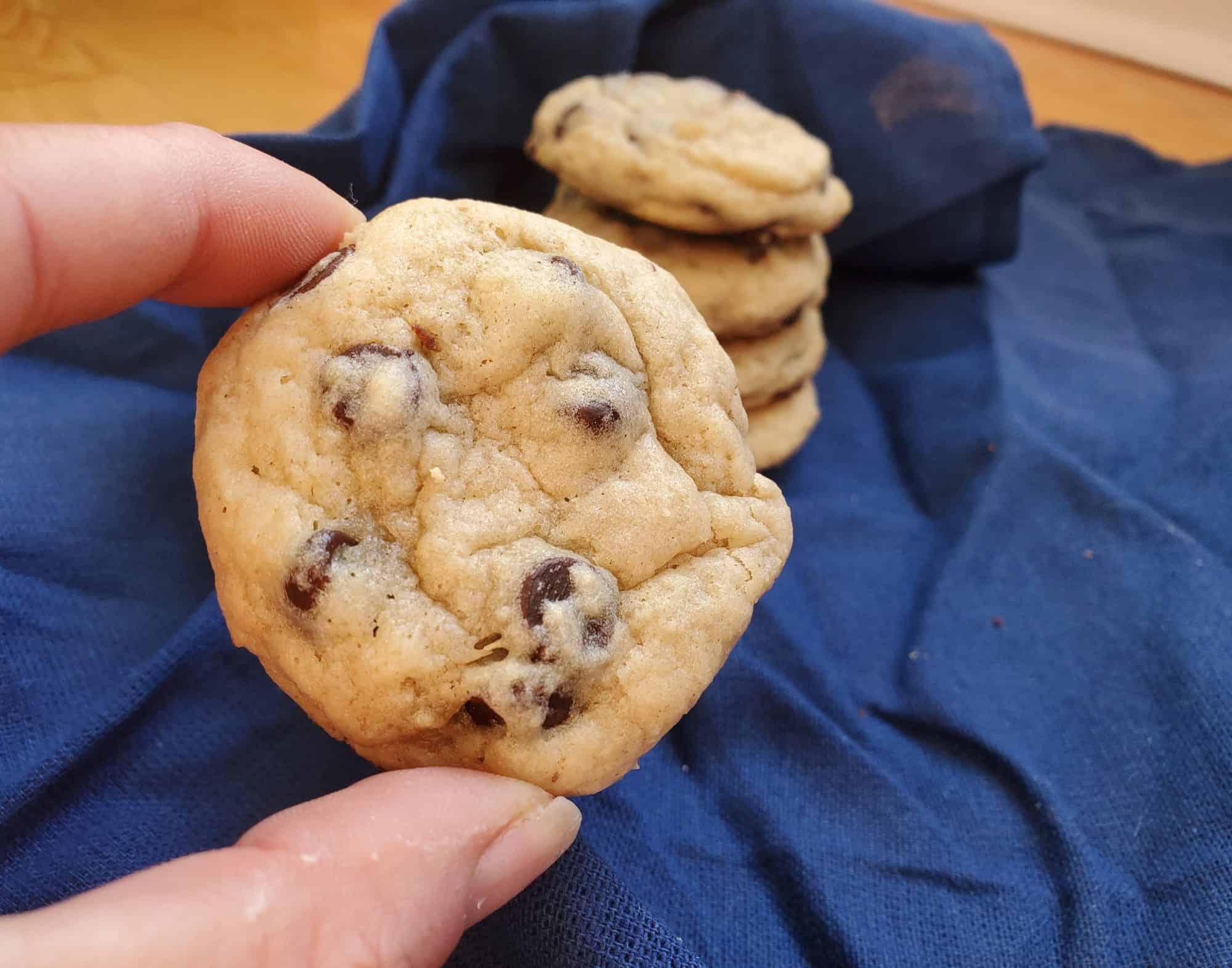 Holding a sourdough chocolate chip cookie in front a of a stack of more cookies.