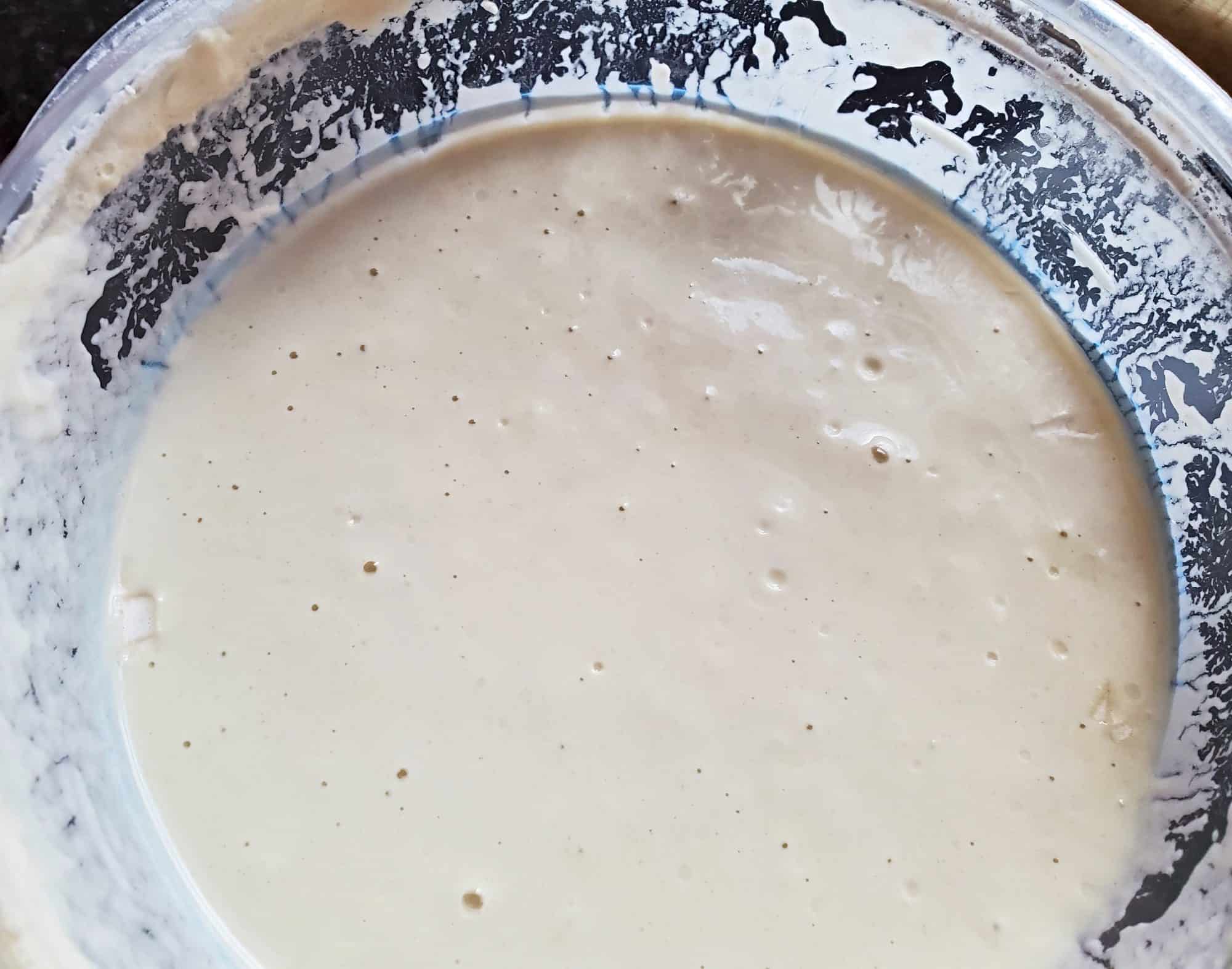 Just fed sourdough starter in a container from overhead.