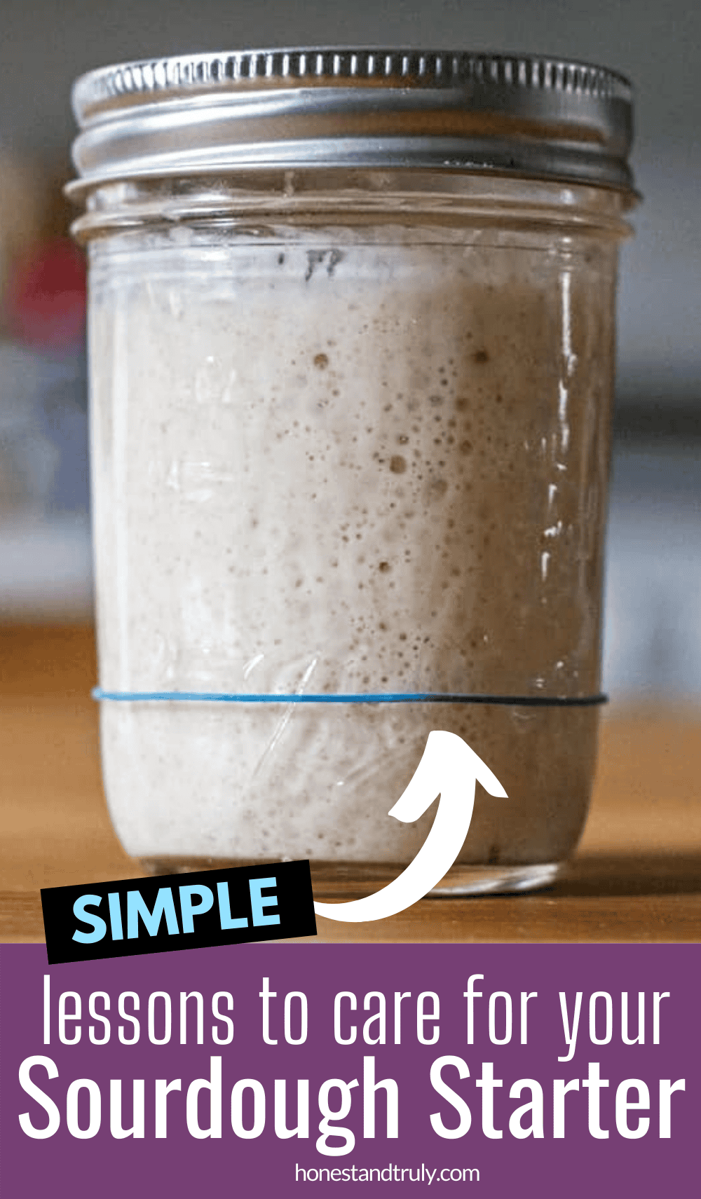 Sourdough starter in a jar with an arrow promising lessons on how to maintain it.