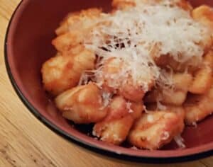Closeup of a bowl of homemade gnocchi