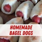 Rows of homemade baked bagel dogs with text of homemade bagel dogs.