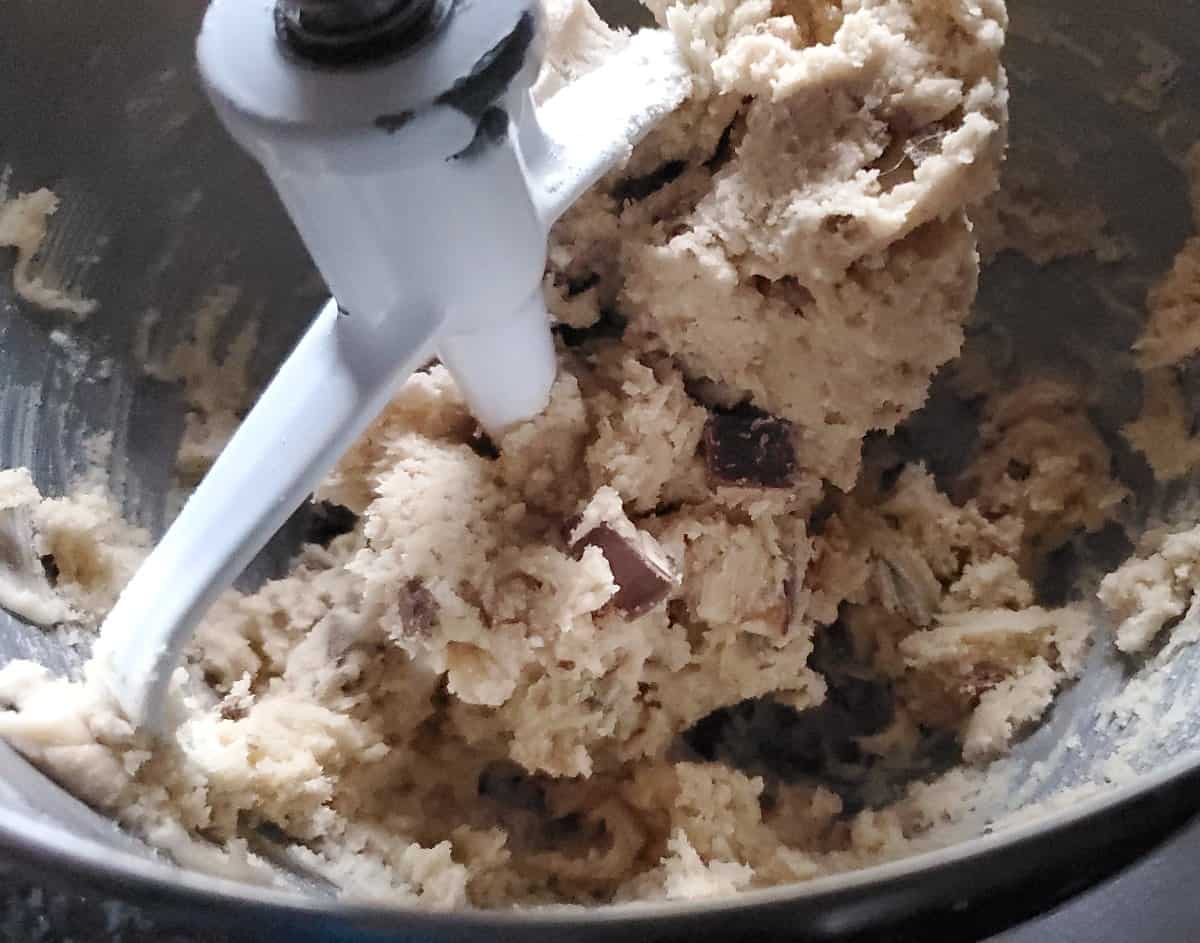 Overhead shot of a mixing bowl with cookie dough.