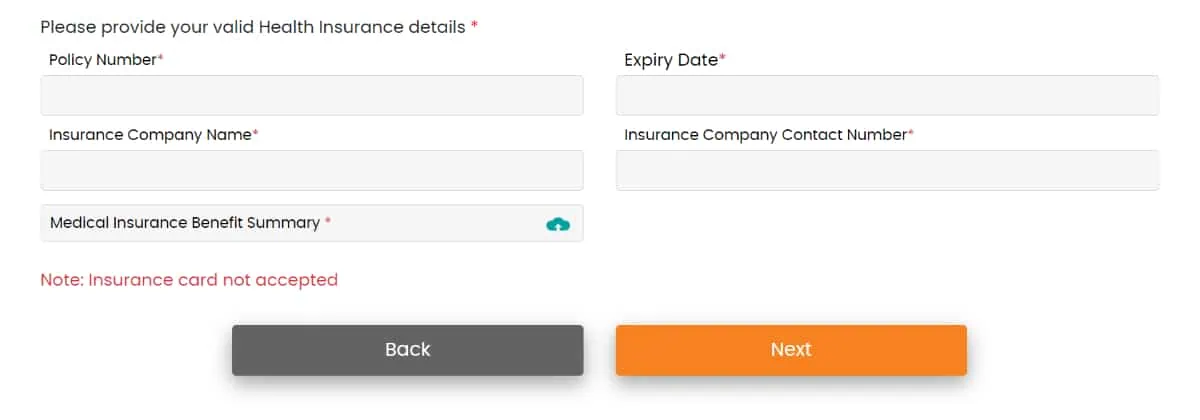 TCI authorization step 2 with travel insurance requirements listed.