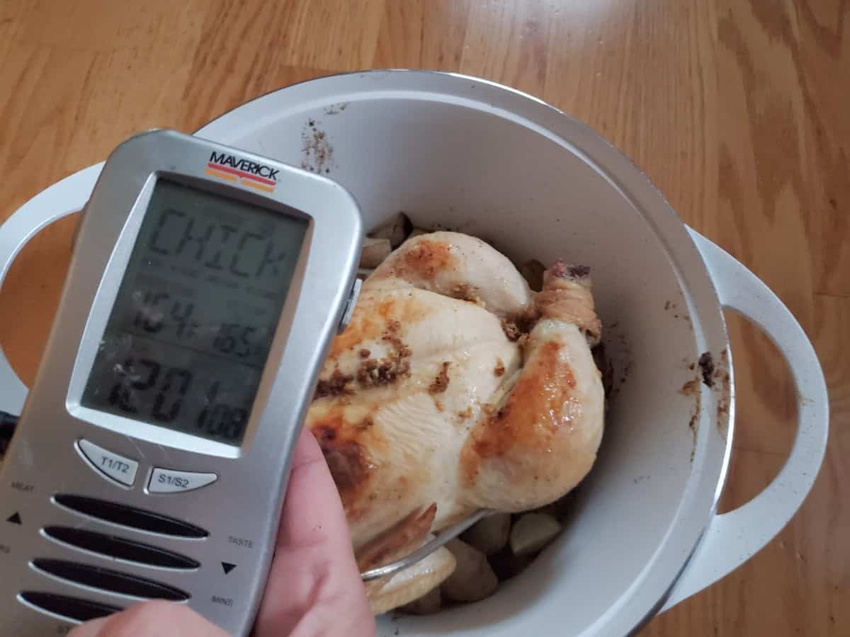 Thermometer showing roast chicken at 165 degrees.