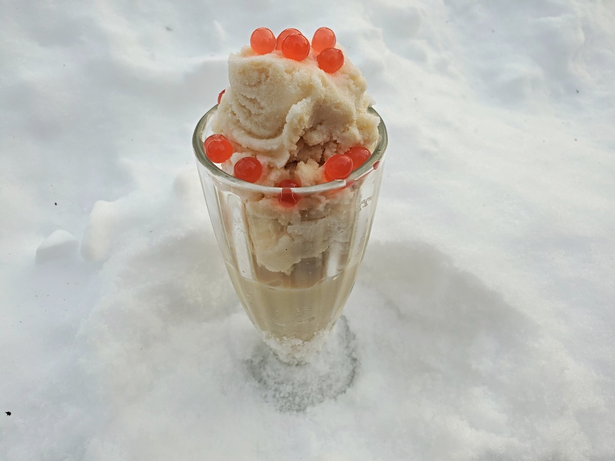 Brown sugar snow cream covered with boba.