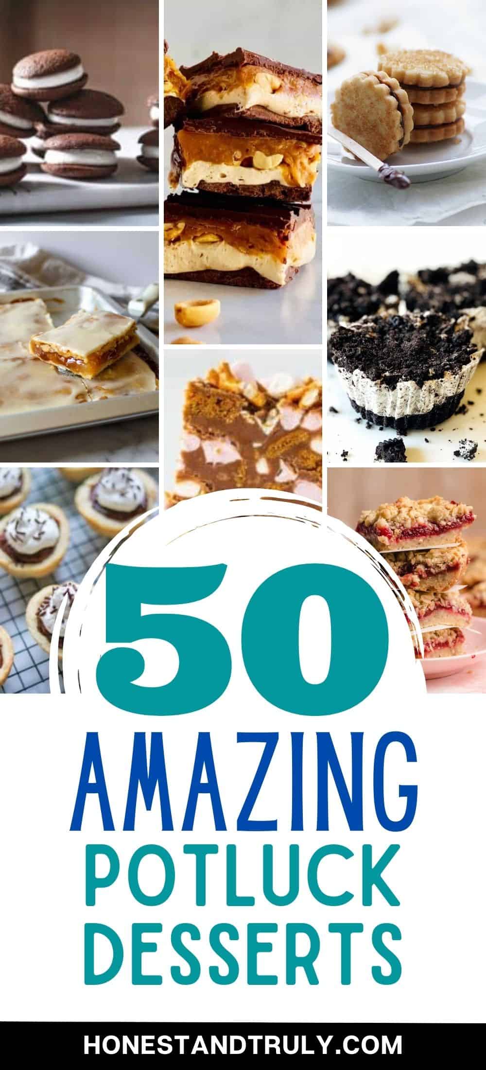 Collage of six desserts with text 50 amazing potluck desserts.