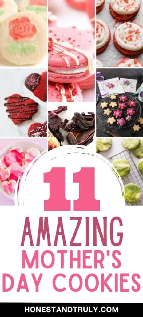 College of six different pink cookies with text 11 amazing mother's day cookies.
