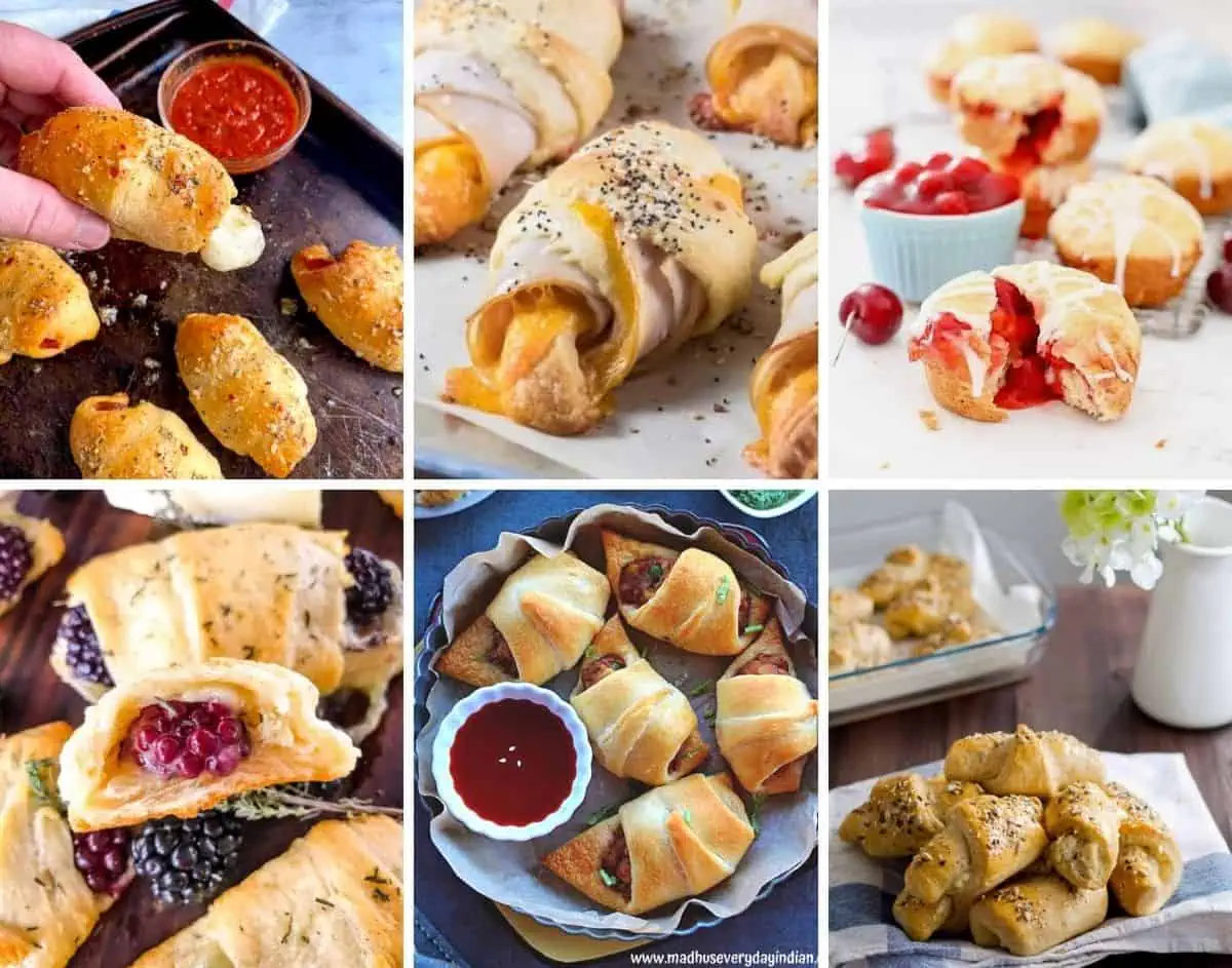 Stuffed crescent rolls collage of six images.