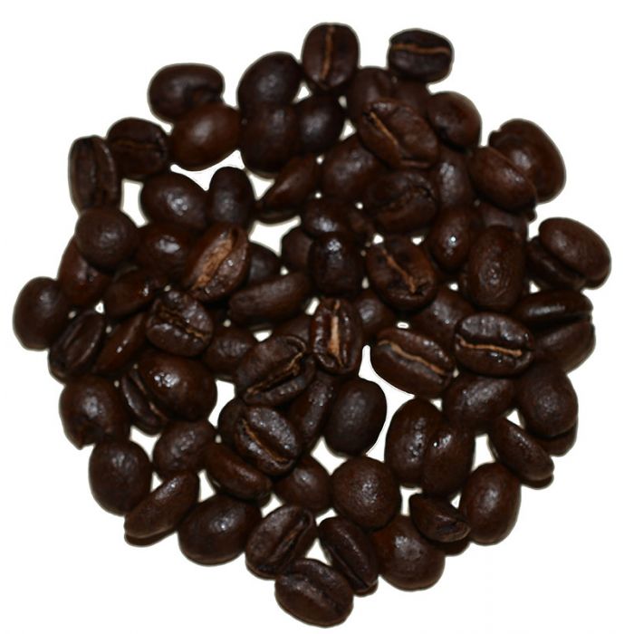 Whole coffee beans sit on a white background.