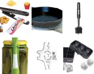 Collage of six kitchen gadgets: sealer, condiment fork, ringer, grill cleaner, meat masher, and ice cube tray.