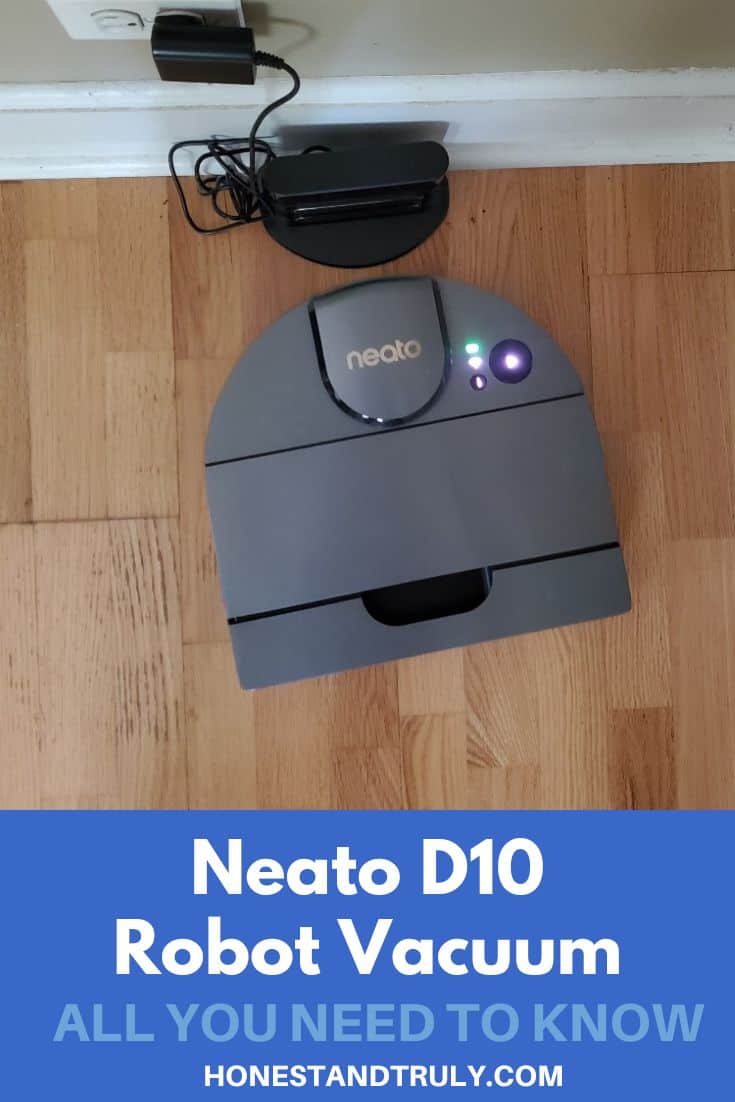 Overheat shot of a Neato D10 with text Neato D10 Robot Vacuum All you need to know.