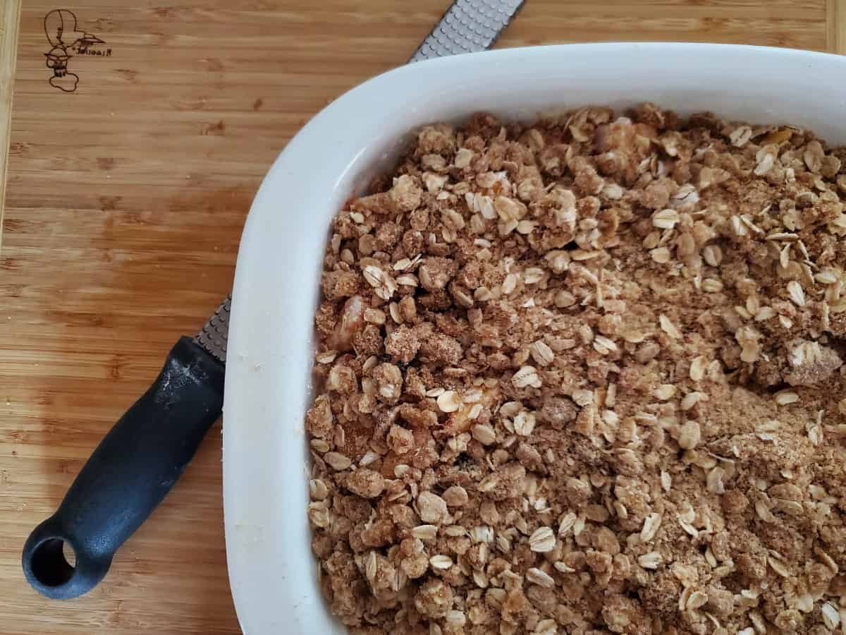 Blueberry peach crisp ready to bake.