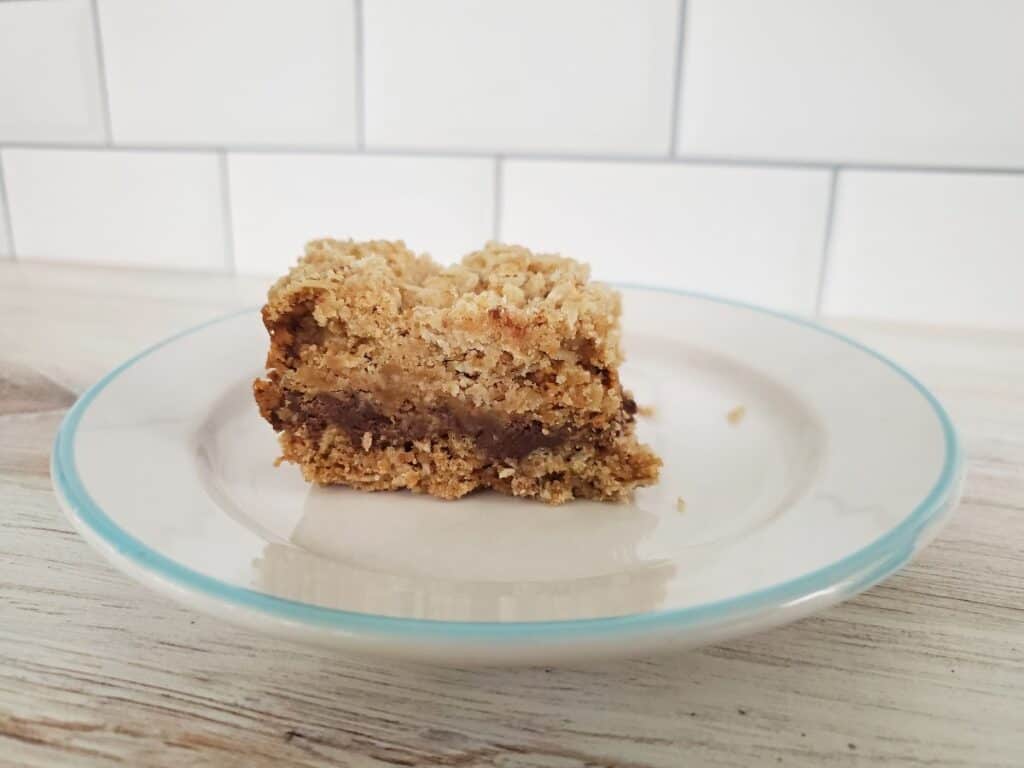 Chocolate crumb bar sitting on a plate.