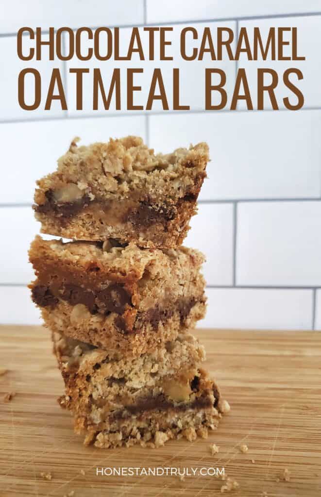 Stack of crumb bars with text chocolate caramel oatmeal bars.