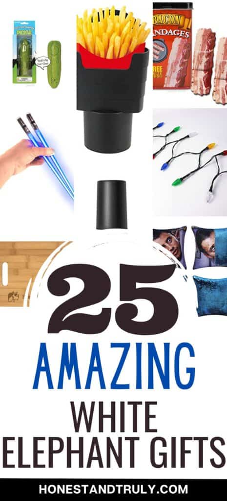 Collage of 8 photos with text 25 amazing white elephant gifts.