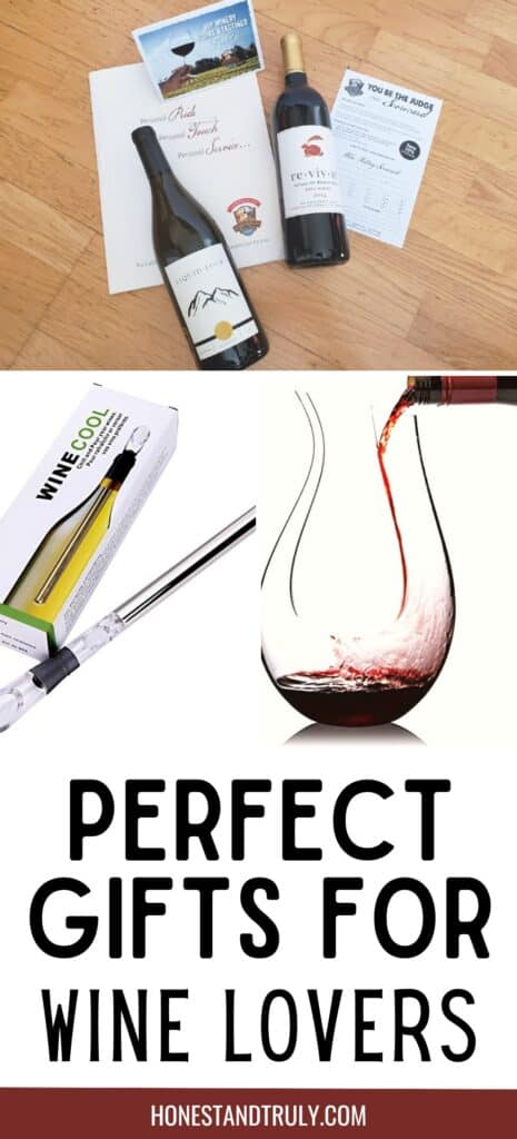 Collage of 3 wine gifts with text Perfect gifts for wine lovers.