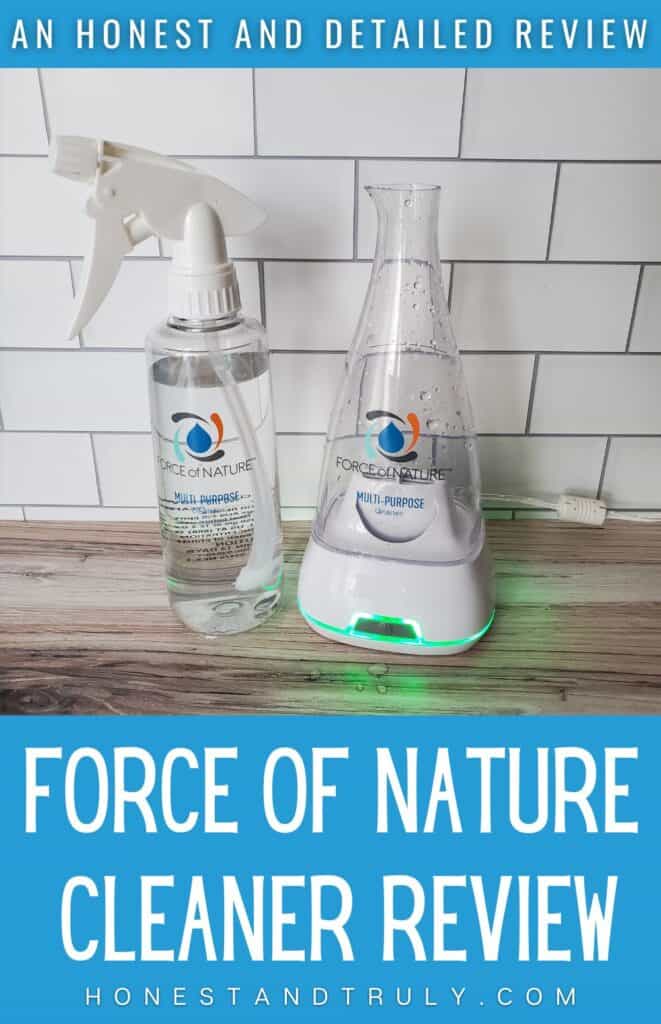 Force of Nature cleaner in bottle with electrolyzer with text force of nature cleaner review.